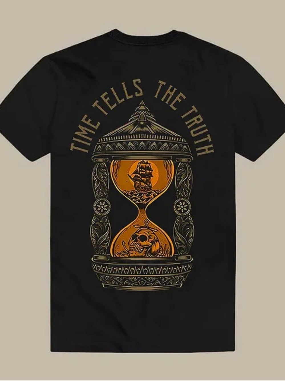 Men's Black Graphic Tee “Time Tells The Truth” with Gold Hourglass Print - Picture 3 of 3